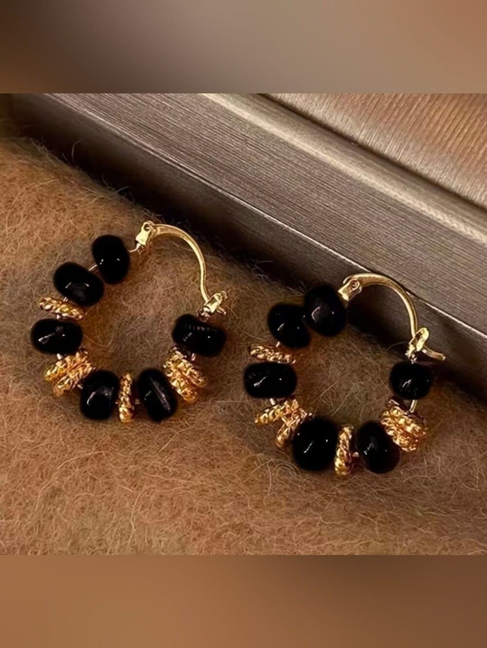Gold Hoop Earrings with Black Beads
